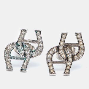 Aigner Logo Crystal Embellished Silver Tone Earrings